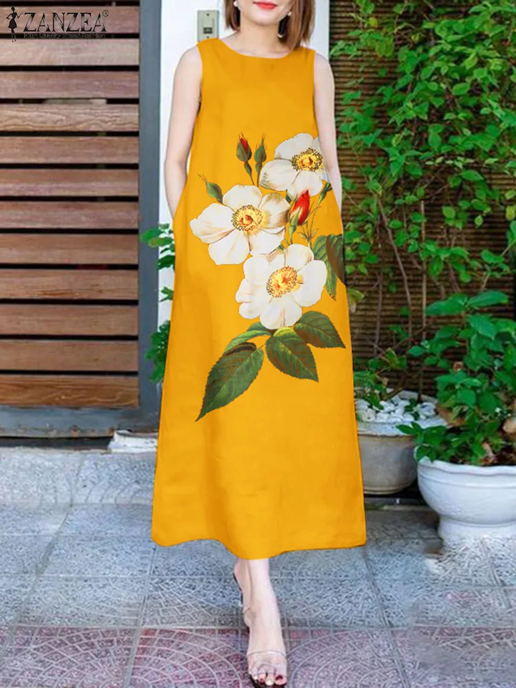 

ZANZEA Bohemian Floral Printed Dress Summer Casual Holiday Beach Robe Sleeveless O-Neck Vestidos Woman Stylish Party Sundress
