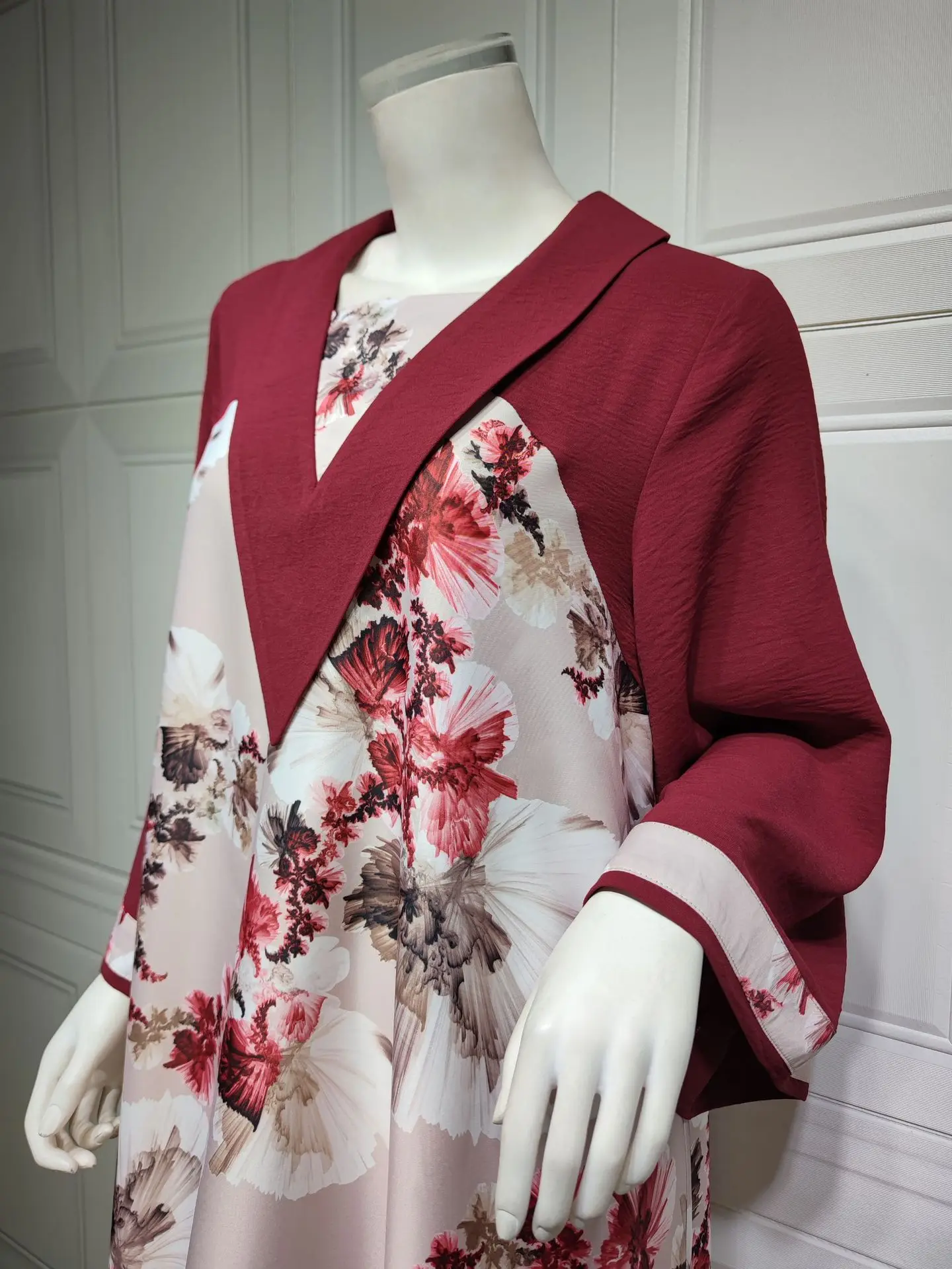 Fashion Elegant Red Floral Contrast Color Casual Women Islamic Daily Party Abaya Clothing Moroccan Dress Ladies Kaftan