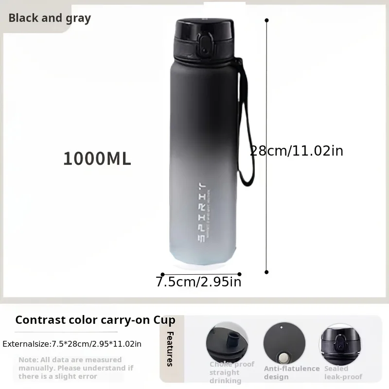 1000ml/33.8oz Gradient Sport Bottle w/Font & Flip Lid BPA-Free PC for Gym/Cycling/Running/Fishing School/Bday Gift