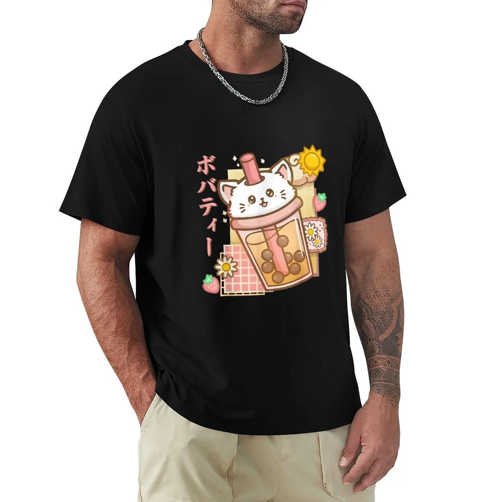 

Футболка с изображением кошки бобы чай пузырь чай аниме Kawaii Neko футболка с изображением кошки Боба чай футболка с потом Простые Топы Искусственные Большие размеры Мужская футболка