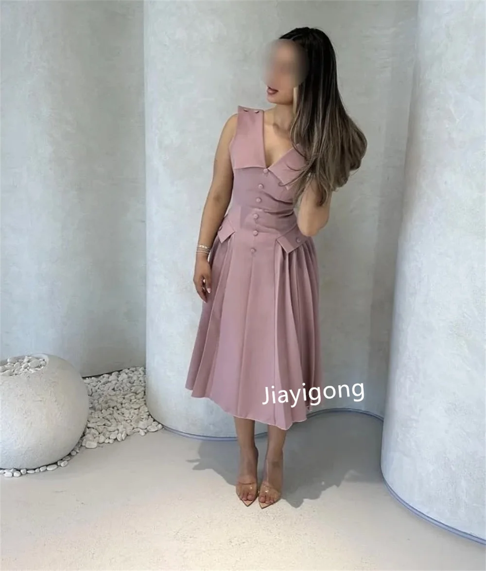 Customized Fashion Jersey Pleat Button A-line V-neck Midi Dresses Bespoke Occasion Homecoming High Quality Matching S50ae850305c24c04b9c3eef430a3ca763
