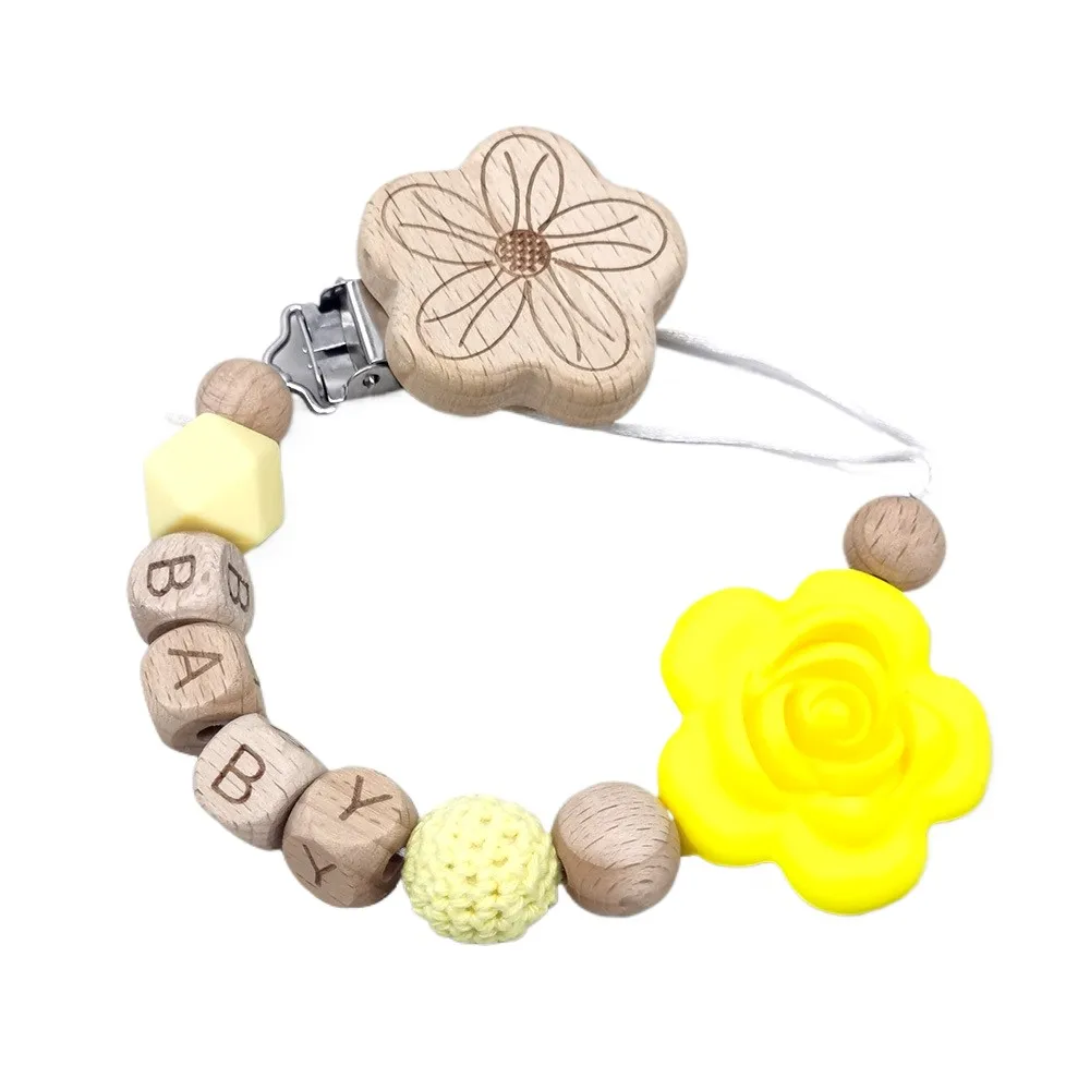Personalized Name Flower Baby Pacifier Chain, Wooden Clip & Silicone Bead, Crochet & Alphabet Beads, Anti-Lost Dummy Strap