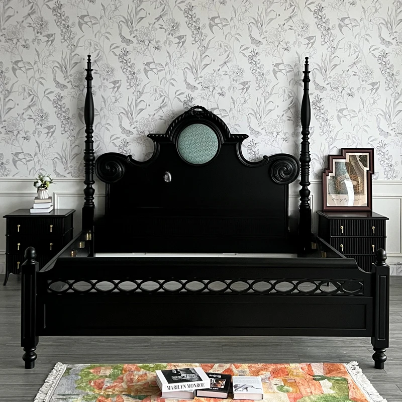 

Neoclassical black double luxury princess bed/wedding bed with solid wood pillars