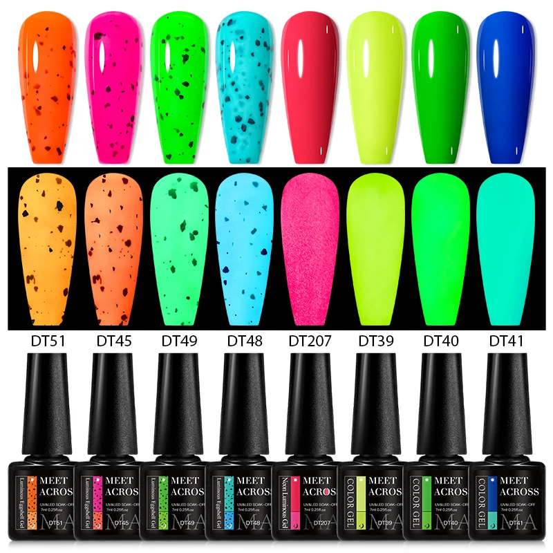 MEET ACROSS 8Pcs/Set Eggshell Glow In Dark Fluorescent Gel Nail Polish Summer Luminous Neon Semi Permanent Nail Art Gel Kit 2