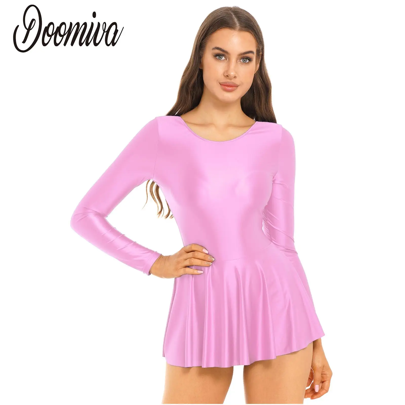 

Womens Glossy Skirted Leotards Solid Long Sleeve Ruffled Dress Round Neck Leotard Dresses Gymnastic Sports Swimming Clothes