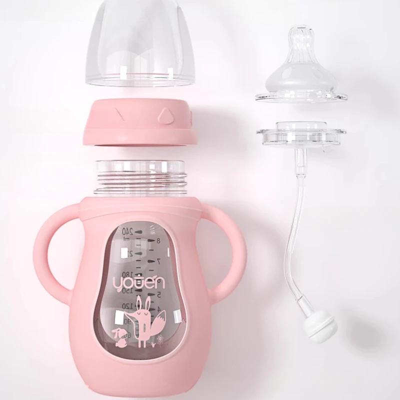 Baby Drink Bottles with Straw Milk Feeder Set with Silicone Cover Anti-drop
