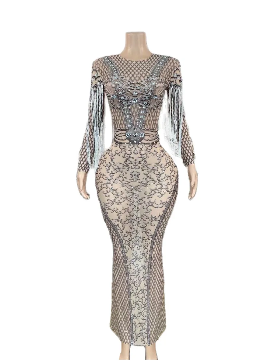 

Nude Shining Rhinestones Tassel Sexy Long Sleeves Dress For Women Evening Ballroom Clothing Singer Stage Costumes Prom Wears