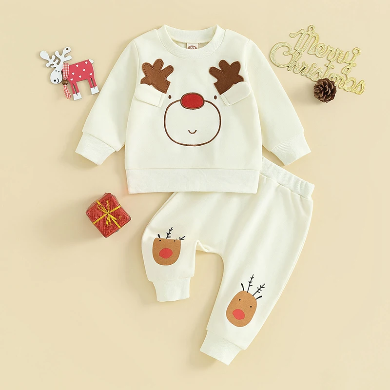

Baby Pants Set, Cartoon Elk Long Sleeve Crew Neck Sweatshirt with Sweatpants Christmas Outfit for Girls Boys