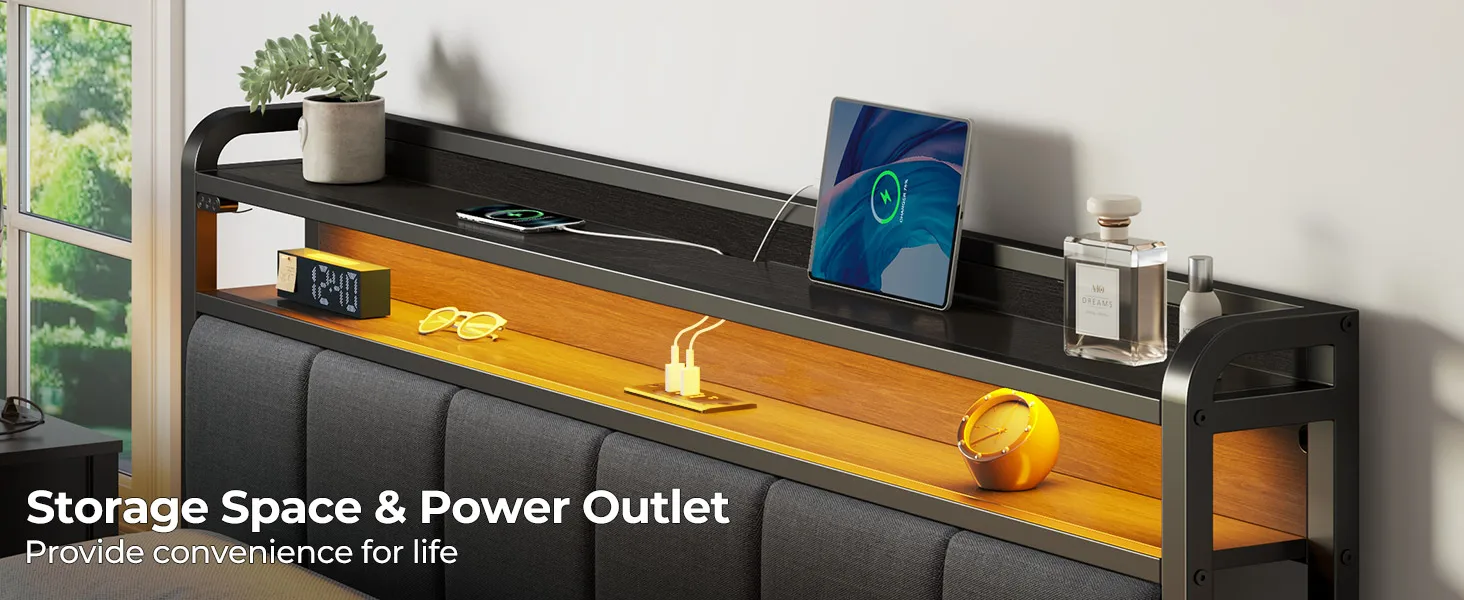 Description Picture 4 of itemBed Frame Twin Size with Charging Station and LED Lights, Upholstered Headboard with Storage Shelves, Heavy Duty Metal