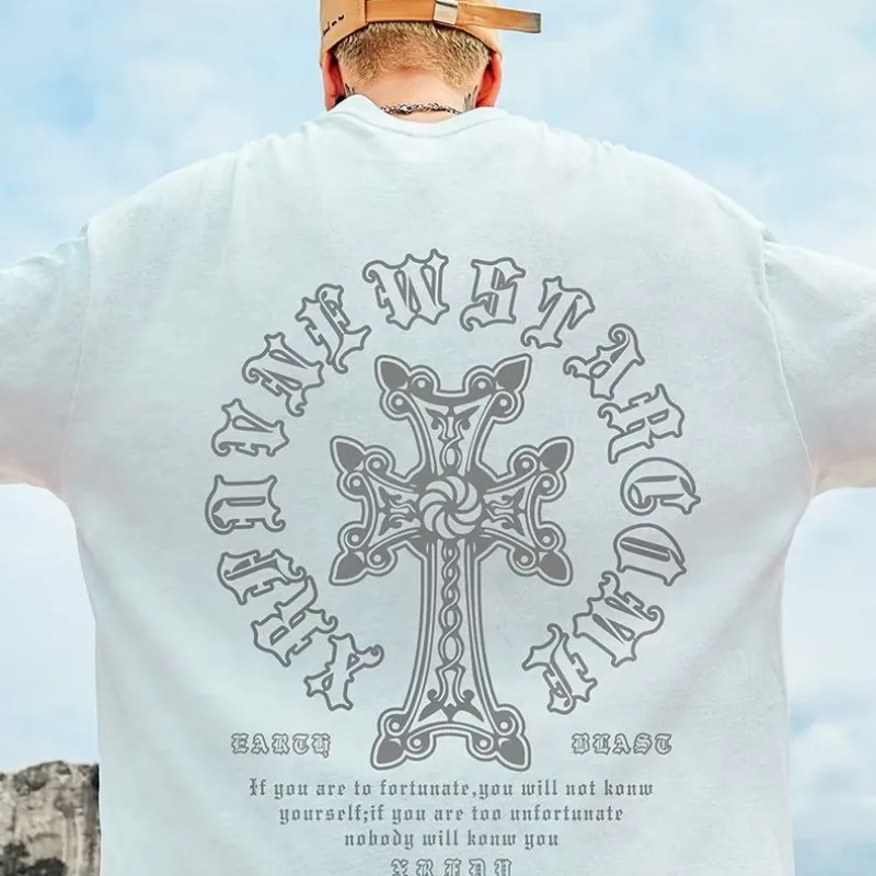 M-8XL Men's T-shirt Oversized Loose and Fashionable Cross Print T-shirt Student Youth Simple Casual Top Summer Couple Outfit