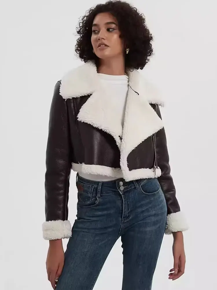 HH Autumn Women Fashion Faux Leather Jackets Front Zipper Vintage Spliced Long Sleeve Coat Winter Casual Office Lady Outwear