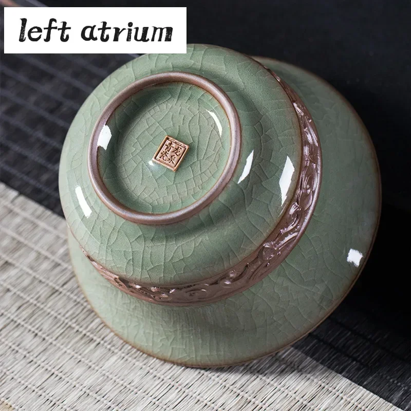 200ml Longquan Celadon Cover Bowl Ge Kiln Ice Cracking Hand Grab Bowl with Lid Kung Fu Teaset Sancai Cover Tea Maker Gaiwan