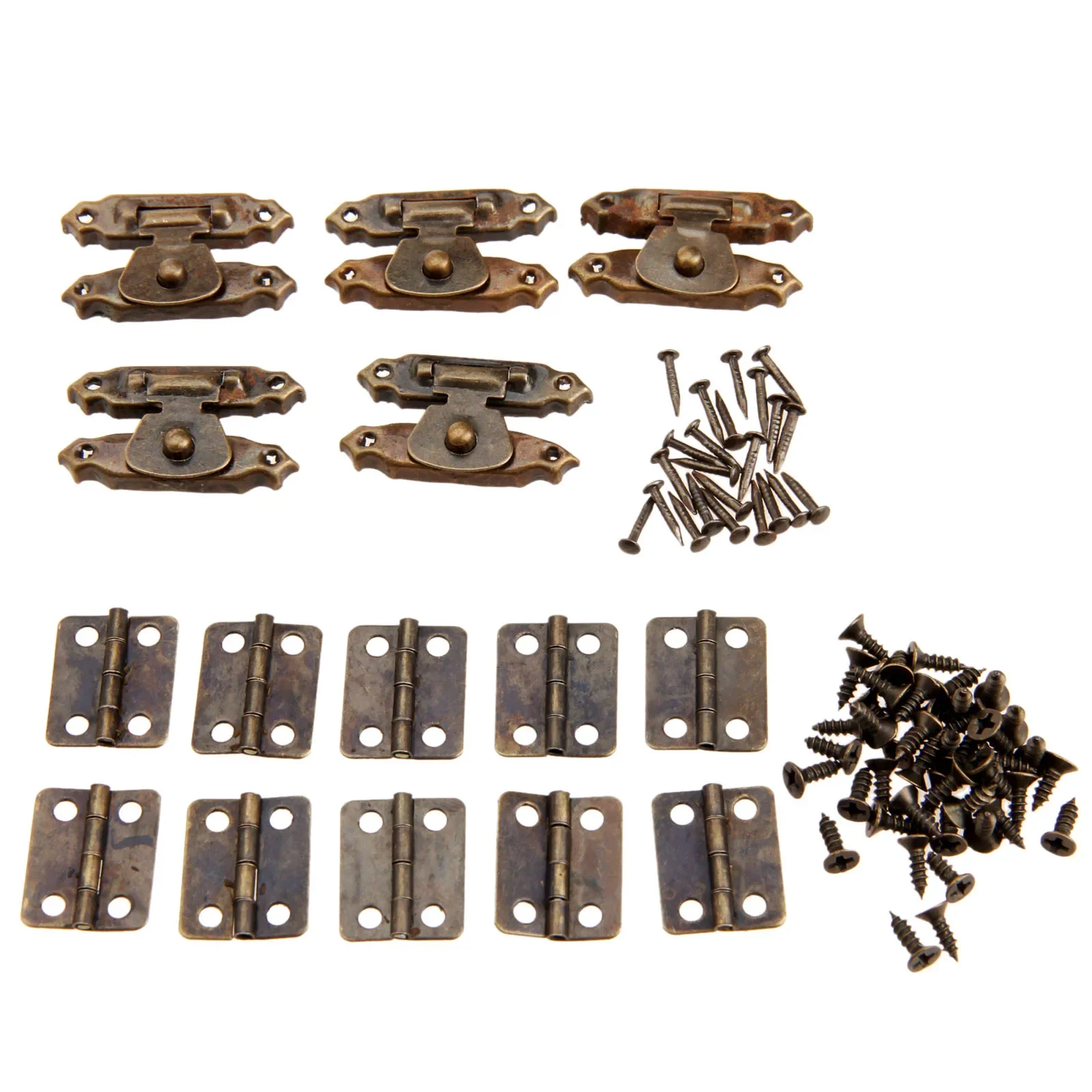 10Pcs Antique Bronze Furniture Cabinet Hinges with 5Pcs Jewelry Wooden Box Case Toggle Hasp Latch & Screws Vintage Iron Hardware