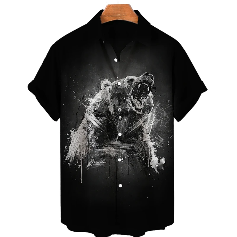 

Гавайская рубашка мужская с коротким рукавом, повседневная винтажная блуза оверсайз в стиле хип-хоп, с 3D-принтом медведя, в стиле рок, лето