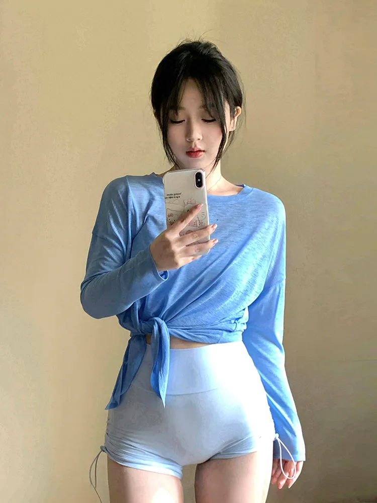 여성용 속건성 통기성 긴팔 스목탑(사이드 슬릿 포함) - 러닝, 피트니스, 아웃도어, 레저, 요가 및 운동에 적합