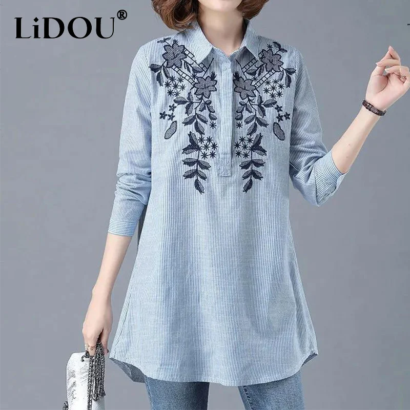 Spring New Fashion Retro Striped Embroidered Midi Casual Shirt Women Long Sleeve Elegant Simple Loose Oversized Pullover Blouse