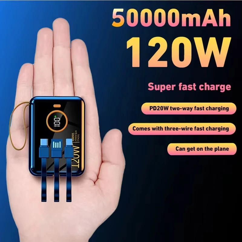 50000mAh 120W Power Bank Portable Large Capacity Mobile Power Supply with USB-A USB-C Lightning Cable For IPhone Samsung Xiaomi 4