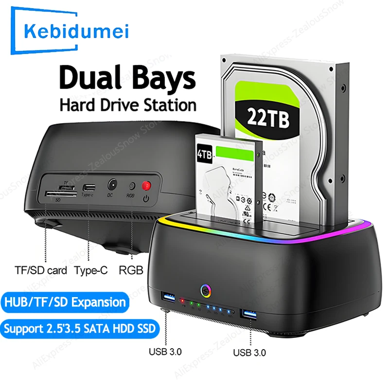 RGB 듀얼베이 HDD 도킹 스테이션 SATA to USB 3.0 어댑터 2.5/3.5인치 HDD 케이스 원클릭 오프라인 복제 하드 드라이브 인클로저