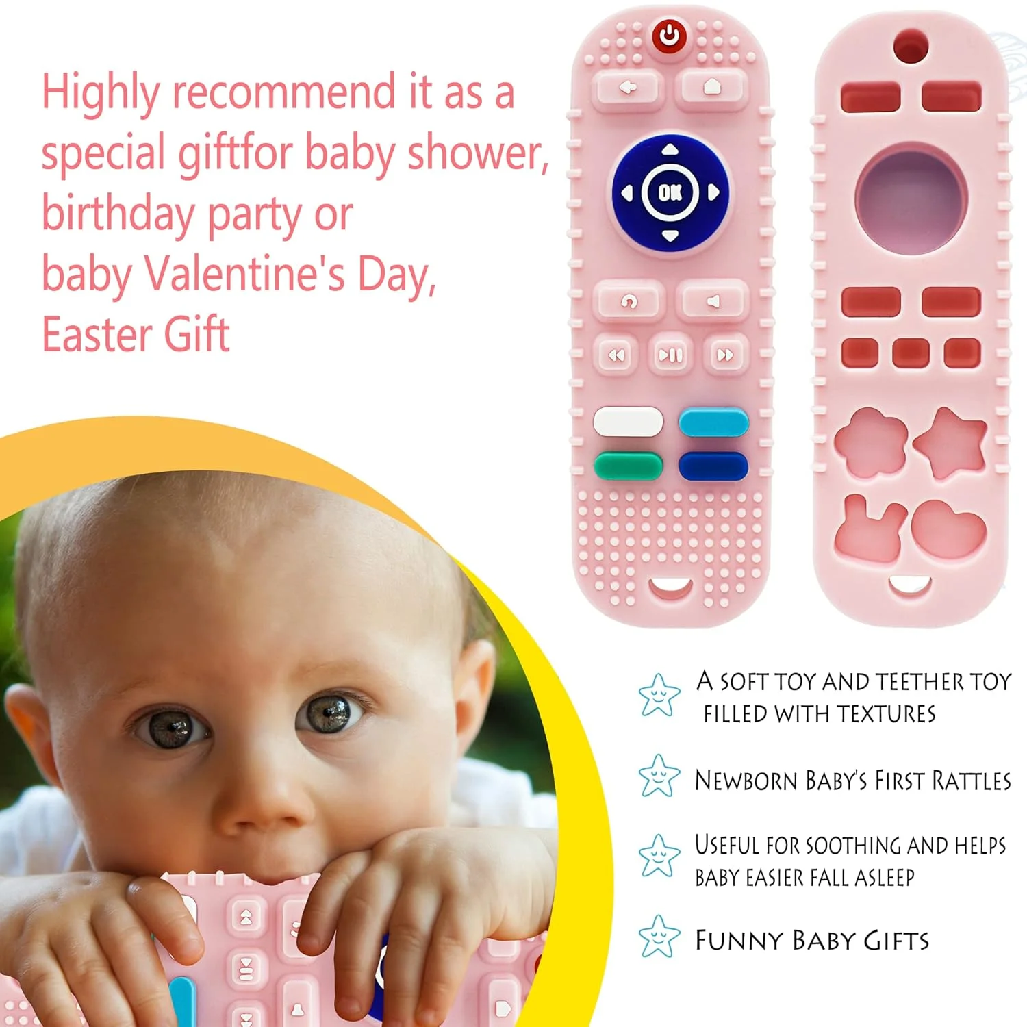 Girls pink teething toys, creative simulation remote control design teether , 3-12 months baby, food-grade silicone material 3