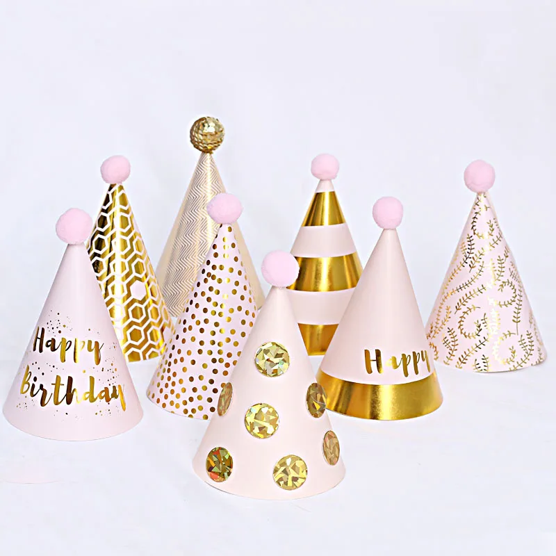 

Happy Birthday Hat Polka Dot Felt Pompoms Sequin Ball Paper Cone Caps Baby Shower Children Birthday Party Decoration Supplies