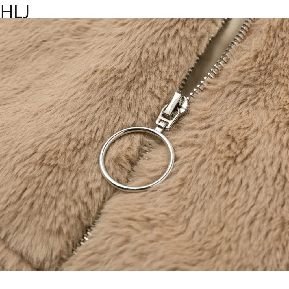 HLJ Fashion Streetwear Women Fur Zipper Long Sleeve Thick Crop Top Women Solid Color Loose Faux Fur Coats Female Matching Jacket