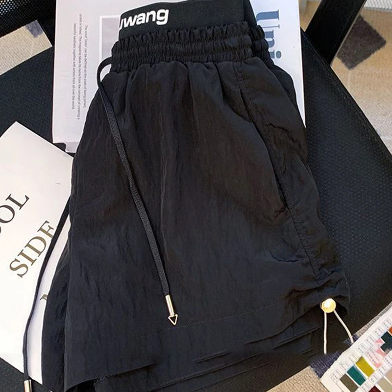 Sports shorts female black summer new thin loose slim drawstring high waist straight casual loose wide-leg pants.