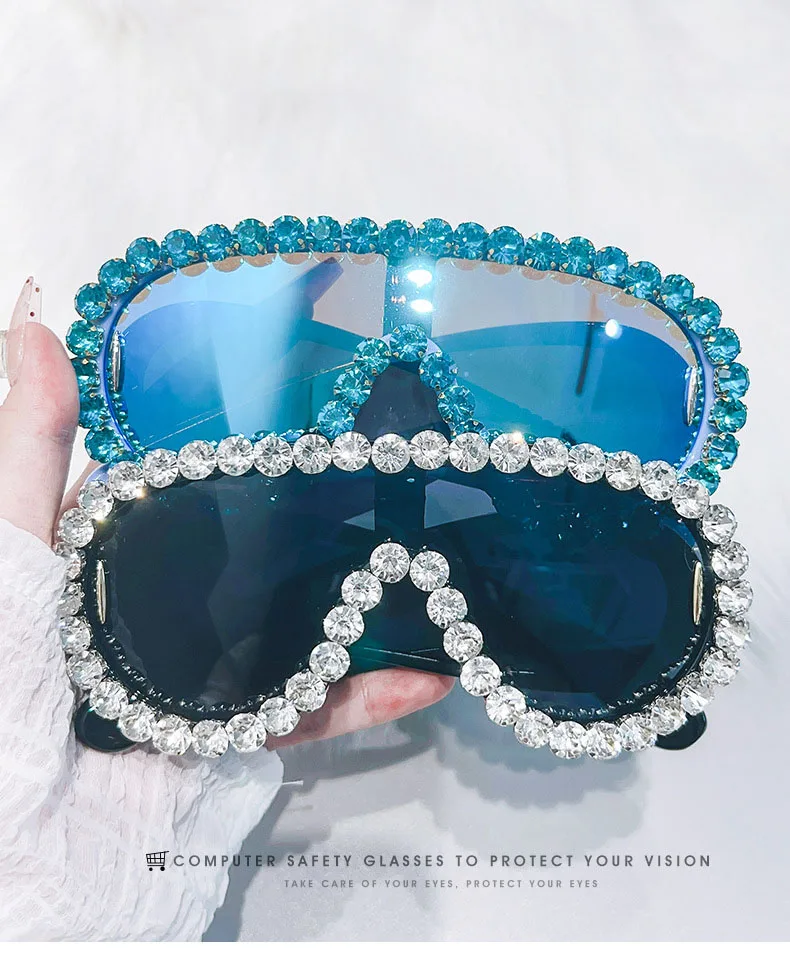 SHAUNA Crystal Oversized Mirror Coating Women Goggle Sunglasses UV400_voghion.com
