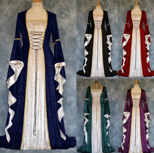 

Halloween Women European Medieval Retro Court Princress Cosplay Costume Long Dress Elegant Witch Square Collar Masquerade Wear