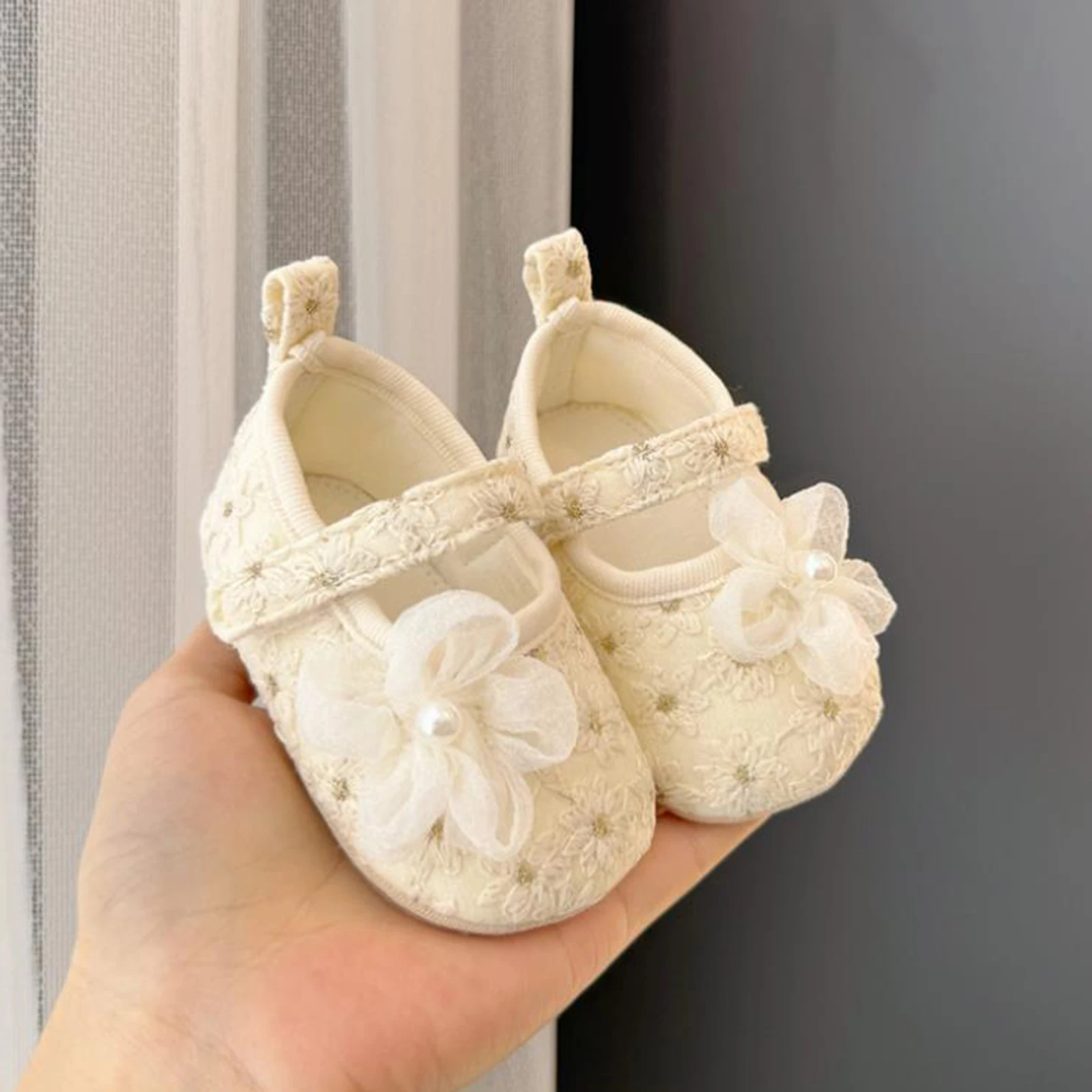 Baby Girl Pearls Flowers Flats Non-slip Soft Soles Cute Mary Jane Shoes Casual Walking Shoes for Newborn Toddler
