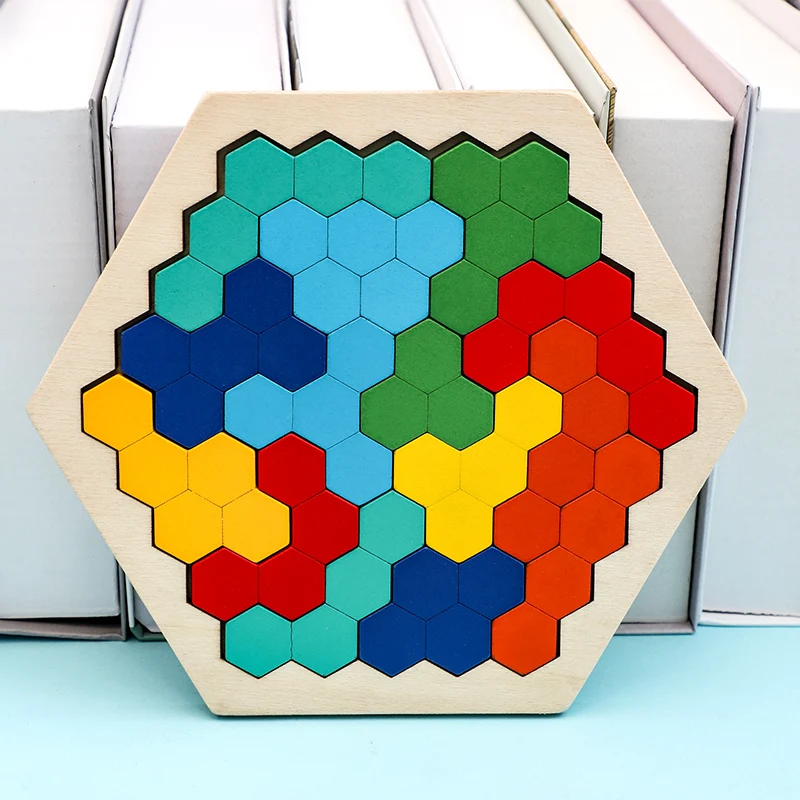 Wooden Hexagon Puzzle Geometric Tangram Jigsaw Shape Pattern Block Brain Teaser Toy Color Recognition Logic IQ Montessori Toy 2