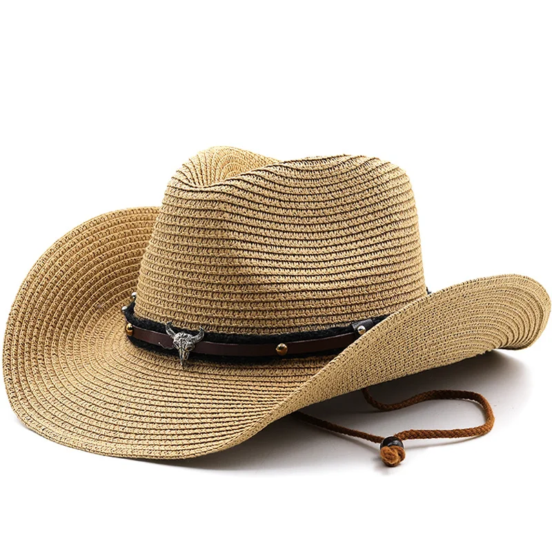 

Shading Unisex Hollow Outdoor Out Wide Brim Cowboy Straw Hat Solid Color Fashion Sun Protection Beach Hat Summer Cap