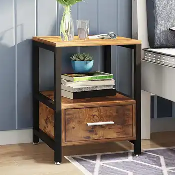 2 Tier Night Stand with Drawer Bedside Table Side End Table Rustic Nightstands with Metal Frame Wood Grain for Living Room