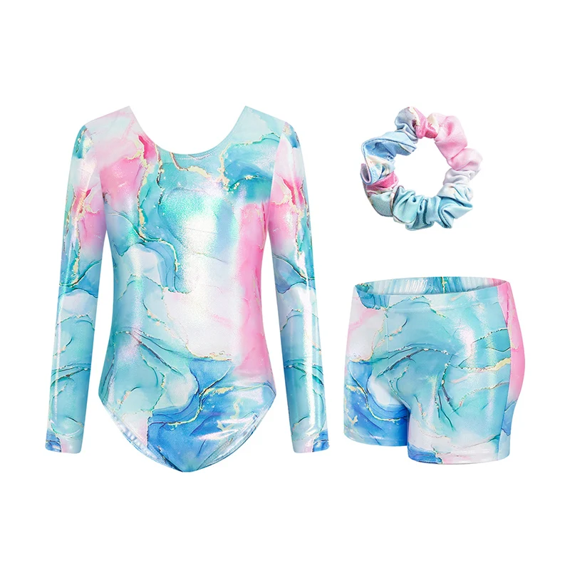 Three-Piece Gymnastics Leotards, Girls Long Sleeve Gymnastics Set with Shorts and Hairband, Sparkling Ballet Dancing Unitards