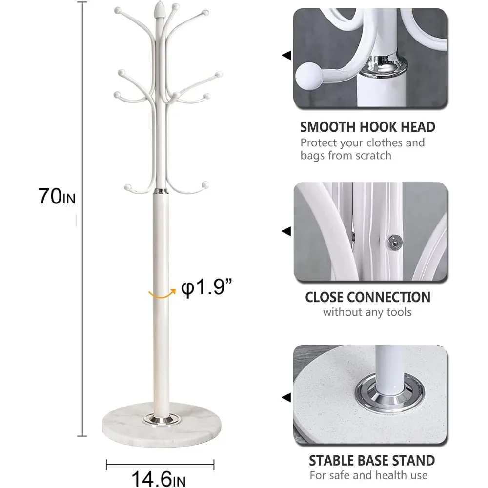 Metal Coat Rack Stand with Natural Marble Base, Free Standing Hall Tree with 12 Hooks for Hanging Scarf, Bag, Jacket