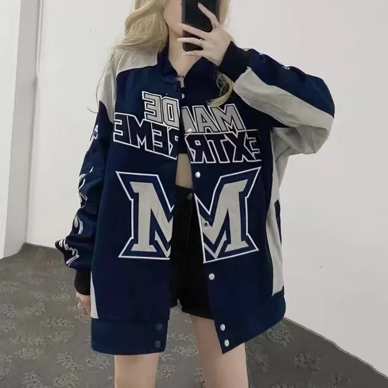 

Новая контрастная свободная и модная бейсбольная куртка, мужской и женский модный уличный мотоциклетный топ с вышивкой