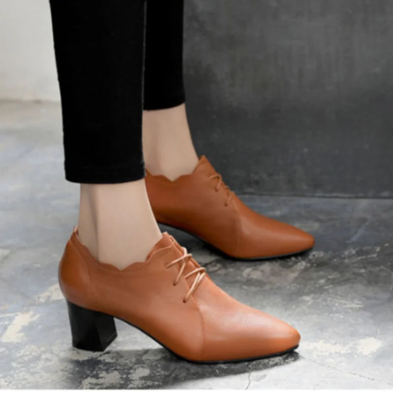 New Soft Leather Single Shoes Women's Genuine Leather Thick Heel Deep Lace up Versatile Small Leather Shoes