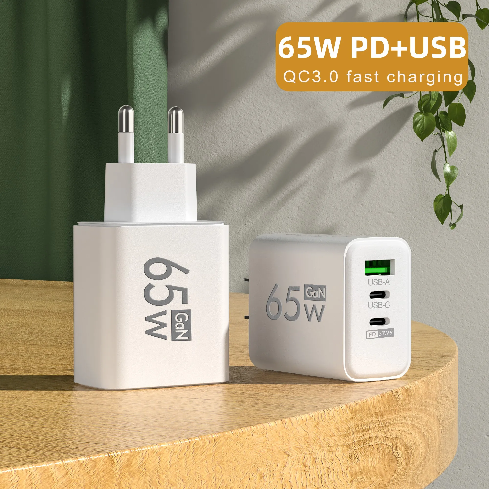 65W 3 Ports GaN USB PD Charger Fast Charging Type C Mobile Phone Adapter Quick Charger 3.0 For iPhone 15 Samsung Xiaomi Huawei