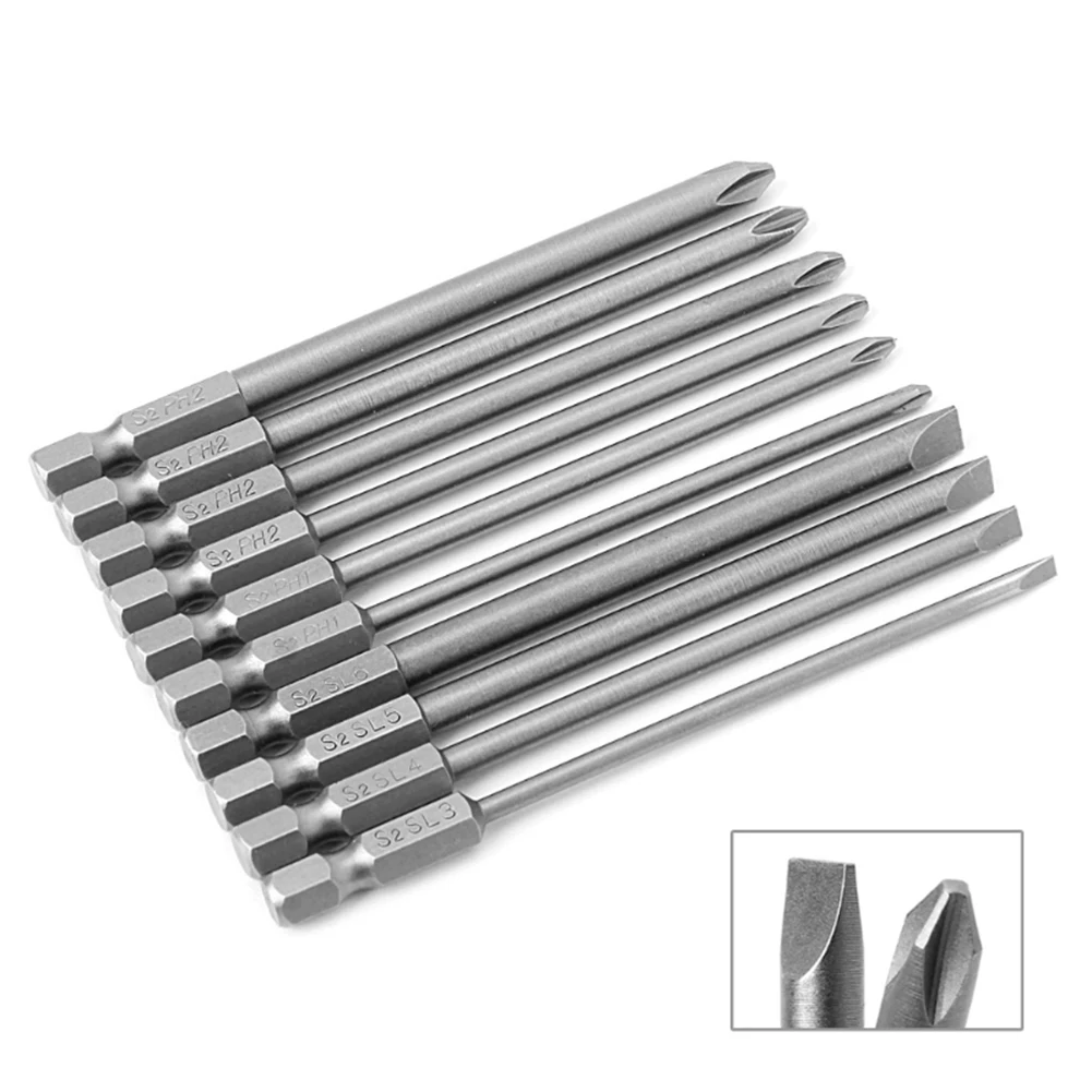 

10Pcs Magnetic Slotted PH2 100mm Screwdriver Bits Alloy Steel 1/4 Hex Shank Bits Driver Magnetic Bit Set PH2/Slotted/Hex Bit