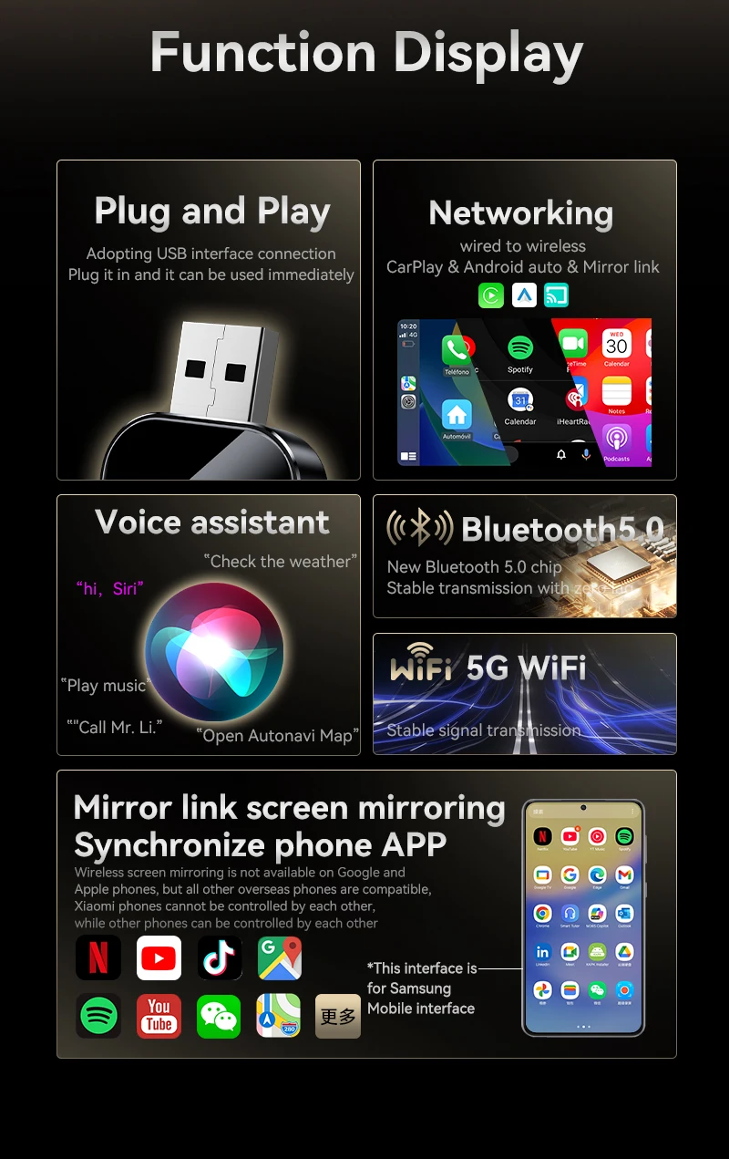 Upgrade 3 in 1 Wireless Carplay Mirror Link Adapter Instant Wired to Wireless Conversion Plug & Play for Wired Carplay