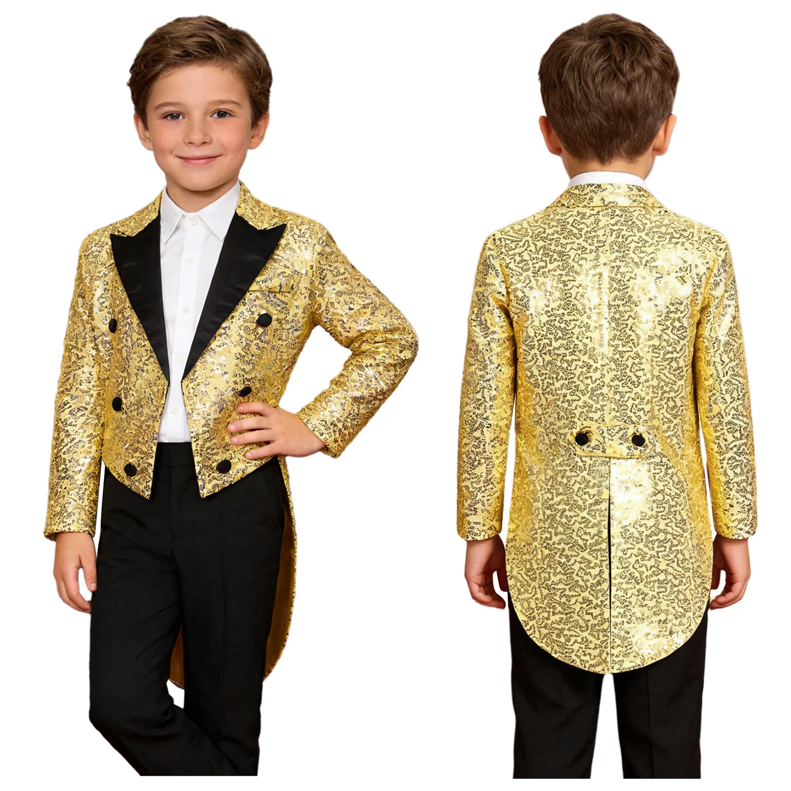 Kinder Jungen Pailletten Blazer Smoking Mantel Zirkus Magie Shows Cosplay Leistung Kostüm Hochzeit Geburtstag Party Jazz Dance Frack – Detail 8