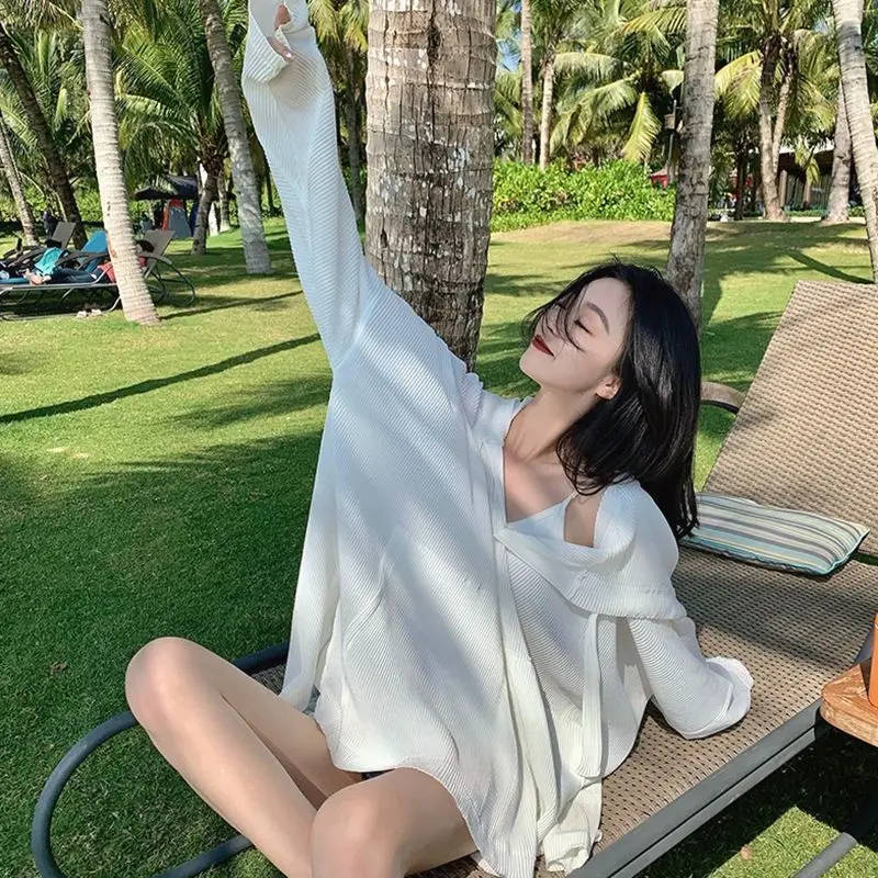 Semi-transparent Bikini Cover-up Oversized Sunwear Women's Jacket Beach Thin Hooded Tops Pressed Pleated Ice Silk Shirt Hoodies