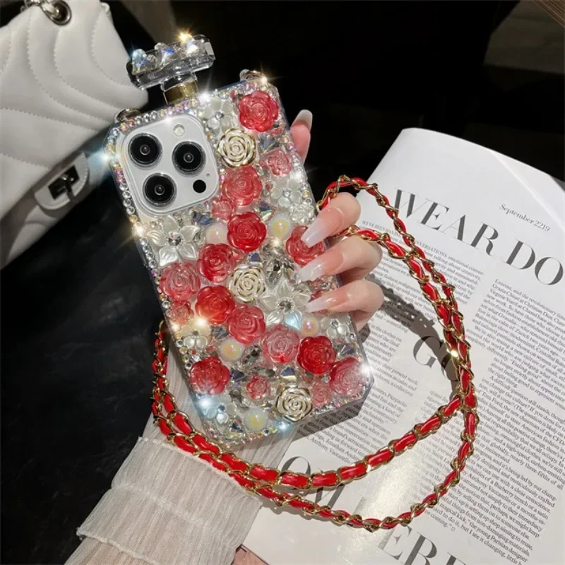 Luxury Bling Rose Flowers Crossbody Diamond Phone Cover For iphone 15Pro 14Plus 13 Pro 12 Mini 11Pro MAX XSMAX XR 7 8 PLUS Case