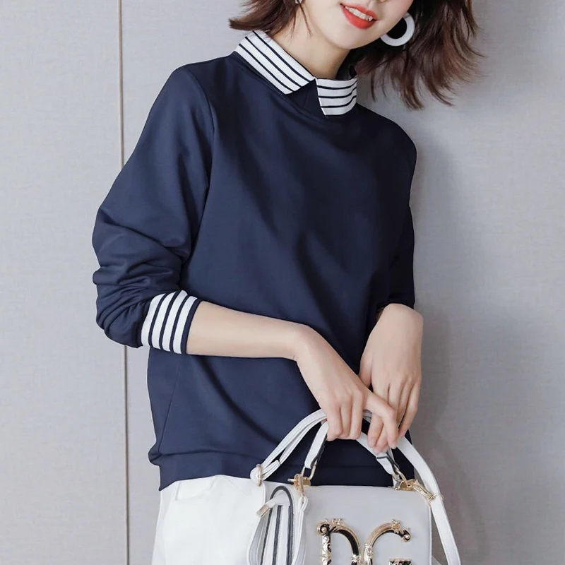 Spring Autumn Striped Casual Patchwork Lady Sweatshirt Loose Long Sleeve Pullover Krean Style Simple Jumper All-match Top Women