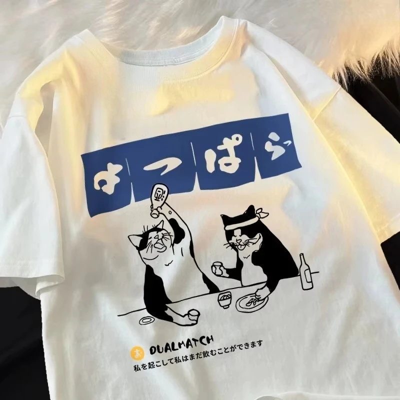 하라주쿠 일본 고양이 드링킹 탑 여성용 라운드 넥 티셔츠 스트리트웨어 여름 의..