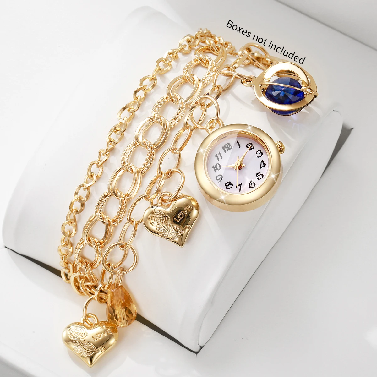 Fashion Women Gold Multi‑Layer Bracelet Watch Love Heart Blue Crystal Charm Quartz Wristwatch Relogio Feminino（Without Box）