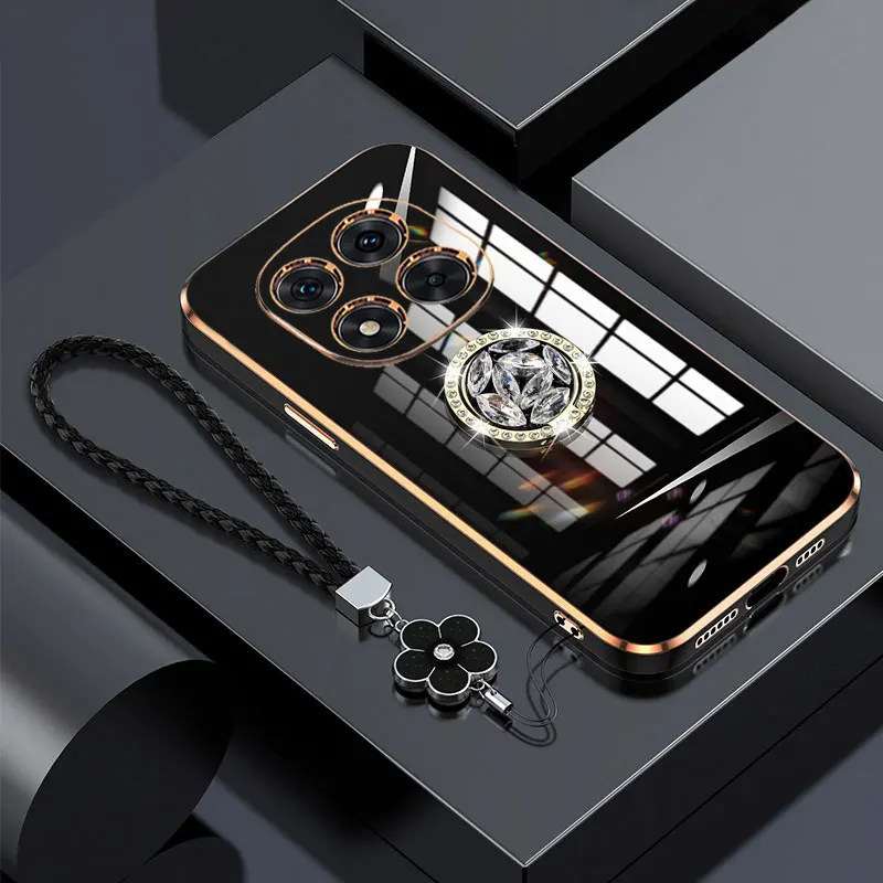 Luxury Shockproof Phone Case with Diamond Ring Holder and Lanyard