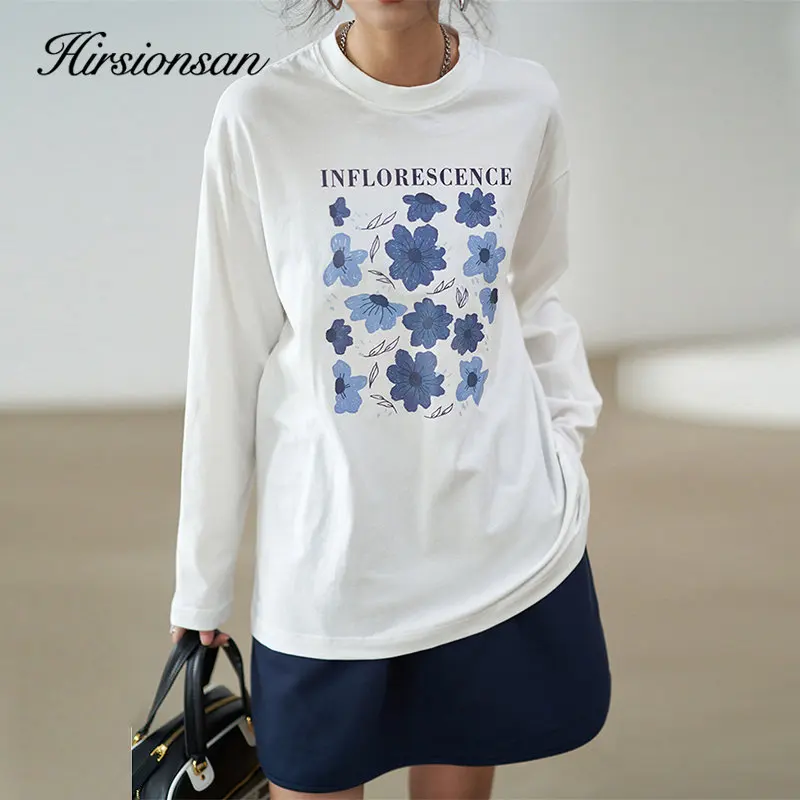 

Hirsionsan Gentle Flower Printed O-neck Long Sleeve T Shirts Women Vintage Basic All-match Pullover Female Leisure Clothing