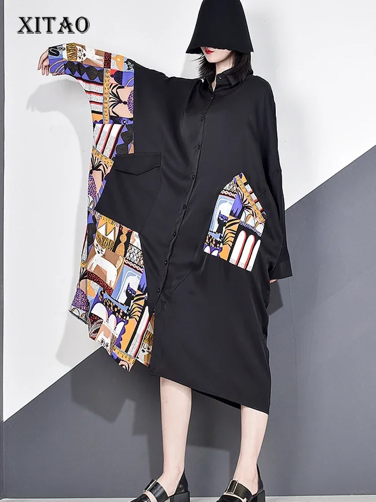 

XITAO Patchwork Print Casual Long Blouse Women 2020 Autumn Tide Fashion New Style Turn Down Collar Batwing Sleeve Pocket XJ4754