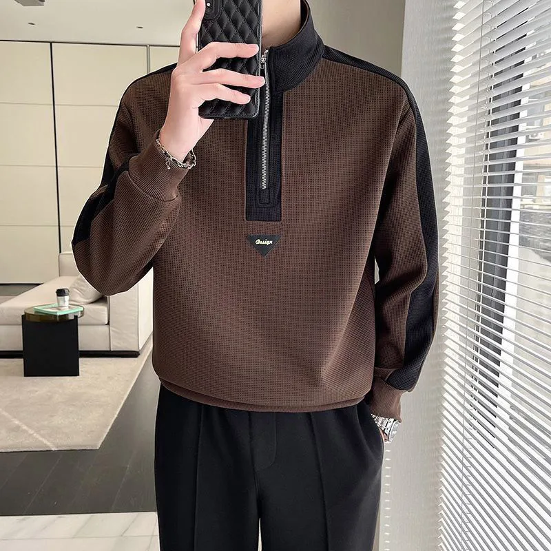 Autumn KPOP Fashion Style Harajuku Slim Fit Tops Loose Casual All Match Outerwear Patchwork Zipper Half High Collar Sweatshirt