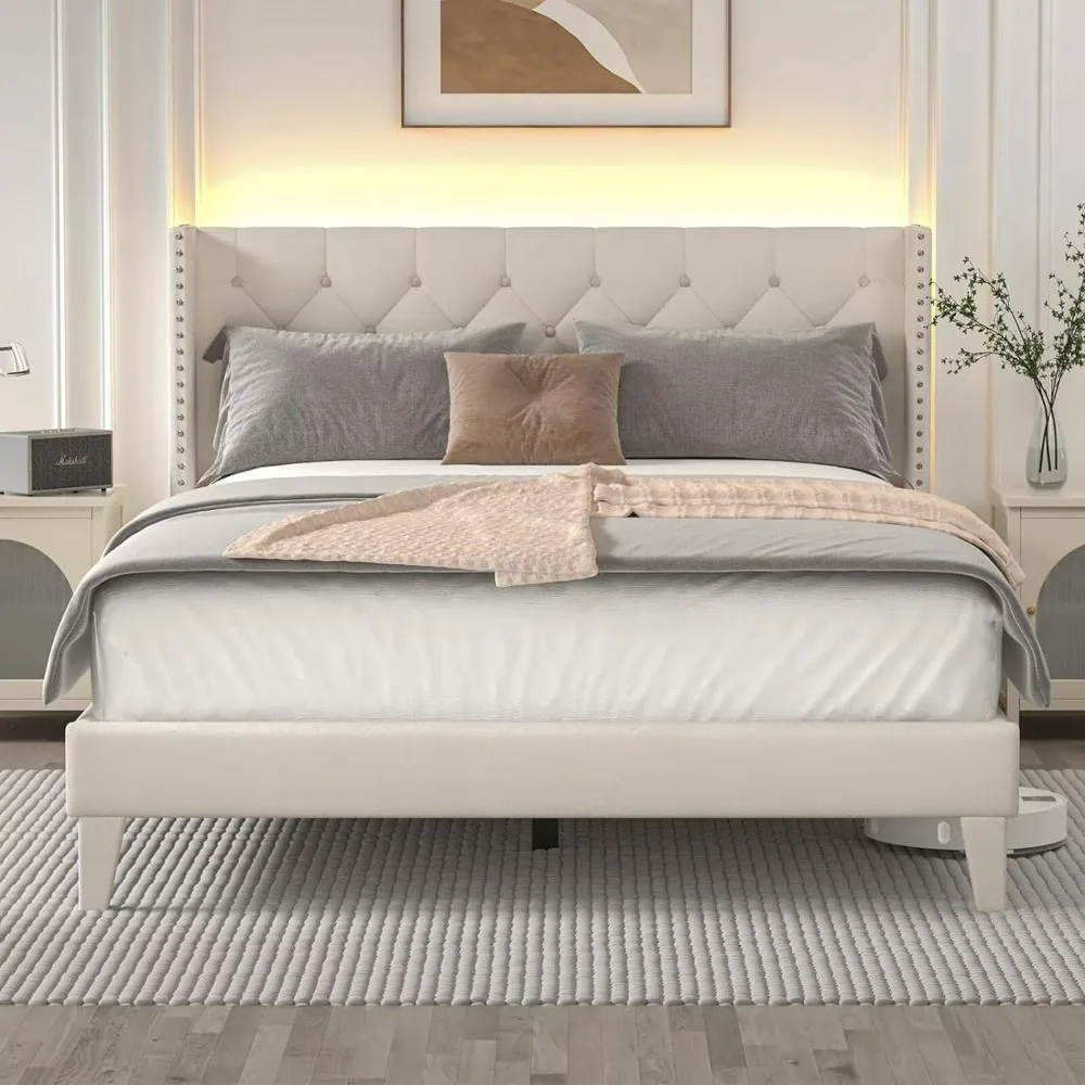 

Queen Size Bed Frame with LED Lights, Upholstered Bed Frame with Wingback Diamond Tufted Headboard,